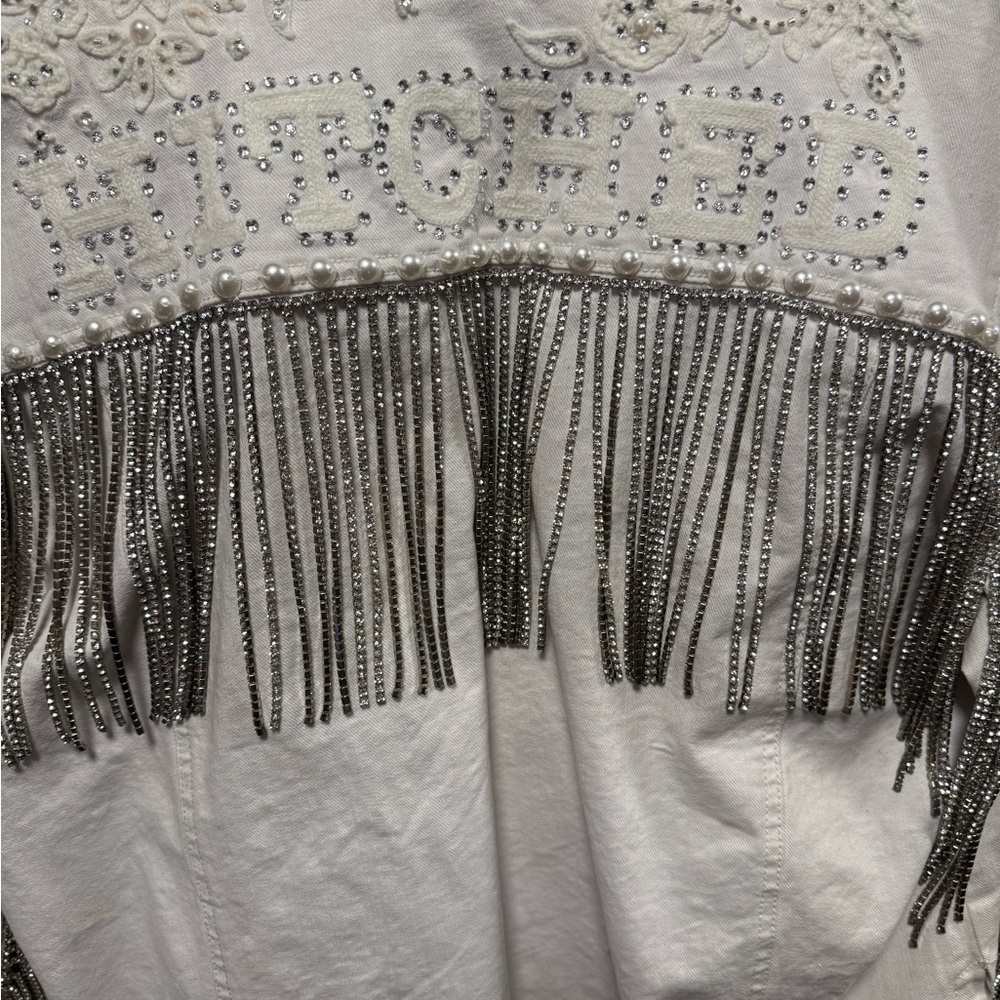 Double D Ranch White Jean Jacket with Silver Fringe